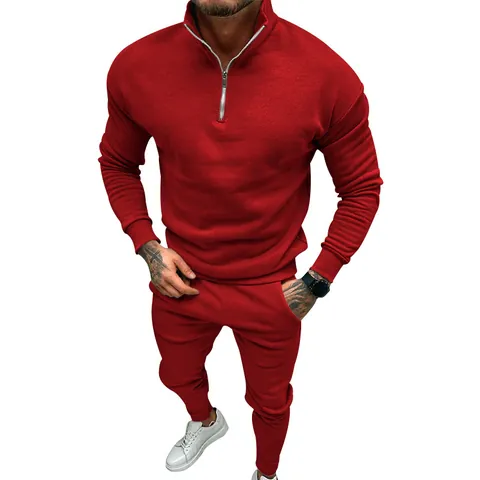 Men's Casual Fleece Lined Top And Bottom Solid Color 1/4 Zip Stand Collar Long Sleeve Sportswear Sweatshirt And Pants Autumn Winter Tracksuit