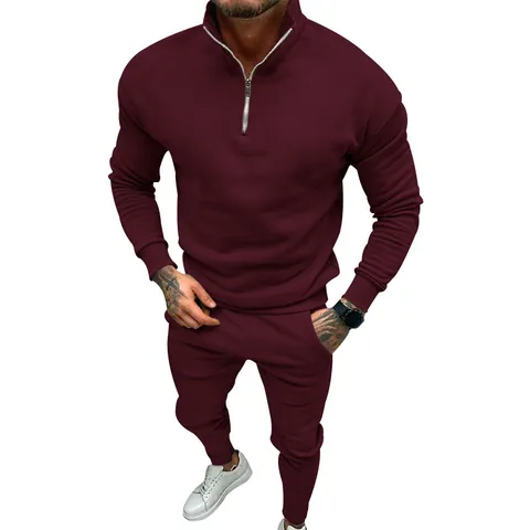 Men's Casual Fleece Lined Top And Bottom Solid Color 1/4 Zip Stand Collar Long Sleeve Sportswear Sweatshirt And Pants Autumn Winter Tracksuit