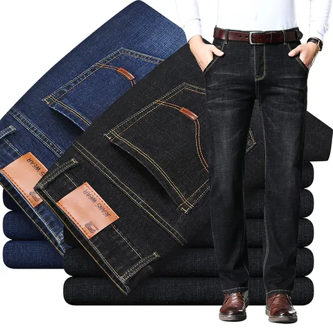 Men's Basic Straight Leg Jeans Business Casual Stretch Denim Pants Plus Size Washed Cotton Blend Trousers For Spring Autumn