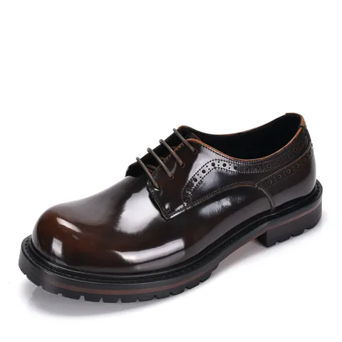 Men's Cowhide Genuine Leather Derby Shoes British Business Brogue Round Toe Lace-Up Thick Sole Burnished Leather Shoes For Men