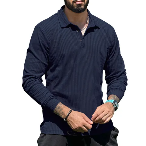Polo a Maniche Lungue da Uomo Vestibilità Aderente Trama a Costine Misto Cotone Poliestere Bottone a Revers Casual Tinta Unita