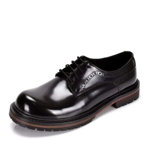 Men's Cowhide Genuine Leather Derby Shoes British Business Brogue Round Toe Lace-Up Thick Sole Burnished Leather Shoes For Men