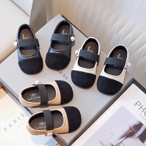Zapatos de Princesa Mary Jane para Niñas Moda de Bloque de Color de Cuero PU Zapatos Planos Con Decoración de Perlas Primavera