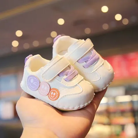 Baby First Walker Shoes Soft Microfiber Leather Cartoon Smile Face Patch Hook and Loop Anti-Slip Toddler Sneakers For Boys Girls