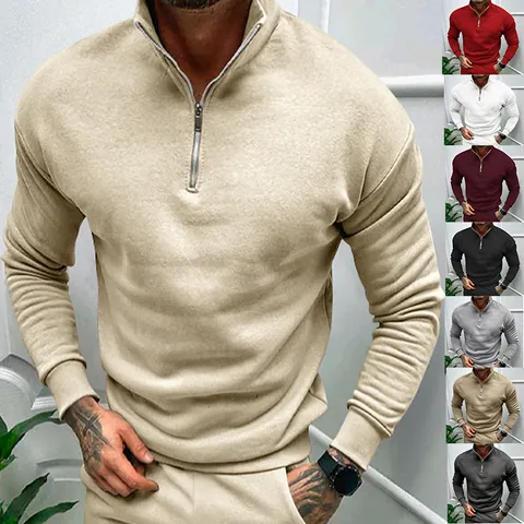 Men's Fleece Lined Half Zip Sweatshirt Stand Collar Solid Color Long Sleeve Pullover Autumn Winter Polyester Casual Top