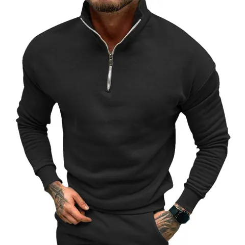 Men's Fleece Lined Half Zip Sweatshirt Stand Collar Solid Color Long Sleeve Pullover Autumn Winter Polyester Casual Top
