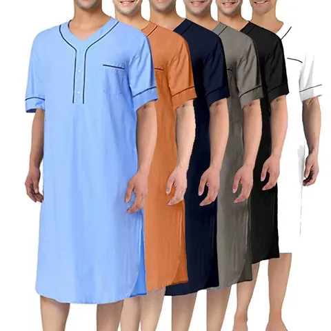 Men Robe Loungewear Middle Long V-Neck Short Sleeve Cotton Comfortable Sleepwear With Contrast Piping Pocket For Men Home