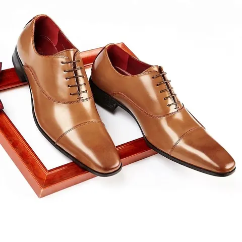 Men's Business Formal Real Leather Shoes Cap-Toe Oxford Lace-Up Dress Shoes For Wedding Office Professional Brown Black