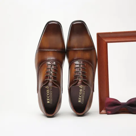 Men's Business Formal Real Leather Shoes Cap-Toe Oxford Lace-Up Dress Shoes For Wedding Office Professional Brown Black