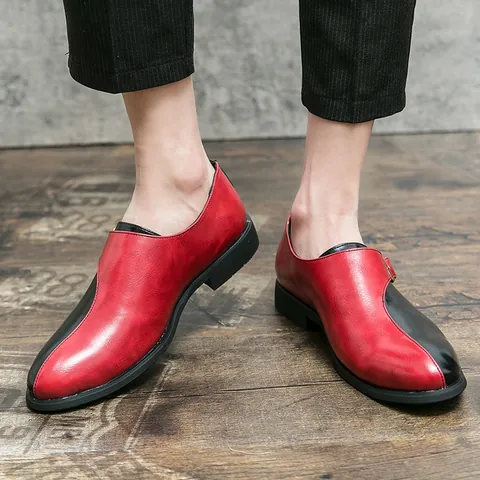 Men Pointed Toe Monk Strap Shoes Splicing Color Patent Leather Dress Shoes For Party Nightclub British Style Formal Loafers