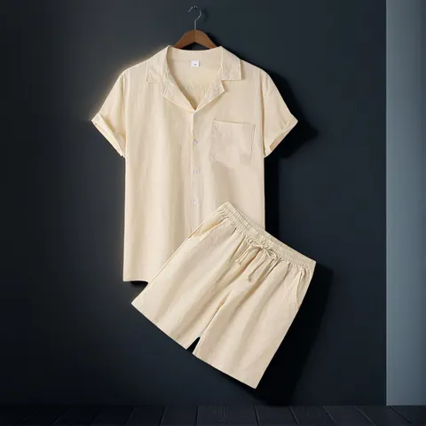 Completo da Uomo Estivo in Cotone Tinta Unita Camicia a Maniche Corte con Colletto Cubano e Pantaloncini con Coulisse Casual Hawaiano