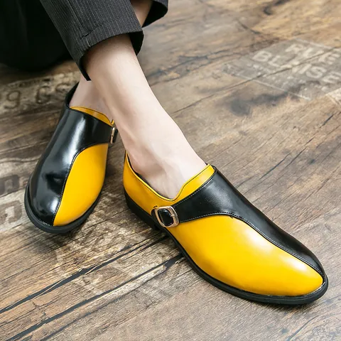 Men Pointed Toe Monk Strap Shoes Splicing Color Patent Leather Dress Shoes For Party Nightclub British Style Formal Loafers