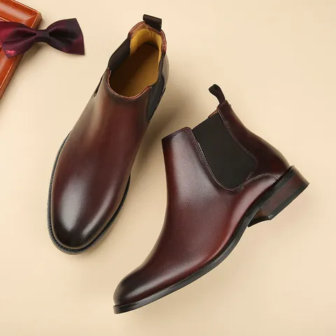 Men's Chelsea Boots Top Grain Cowhide Leather British Style Handmade Ankle Boots Height Increasing Non-slip Formal Business Casual Shoes
