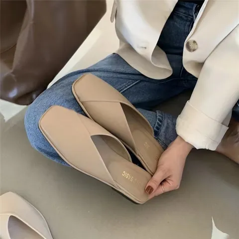 Zuecos de Punta Cerrada de Cuero Charol Estilo Coreano para Mujer Zapatillas Informales Planas de Punta Cuadrada Moda Diaria