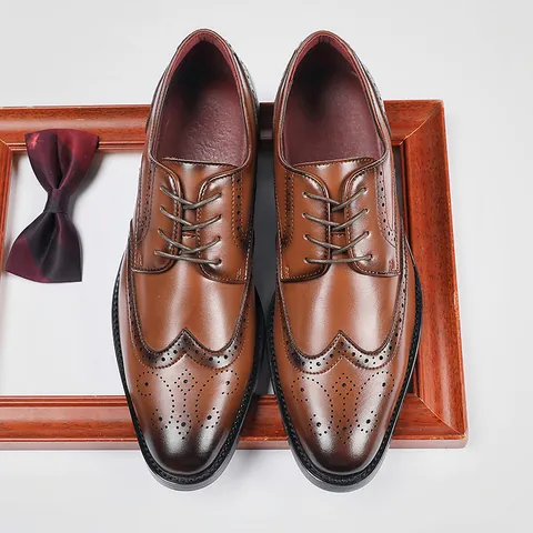 British Style Men Height Increasing Brogue Derby Shoes Split Leather Wingtip Business Formal Lace Up Dress Shoes