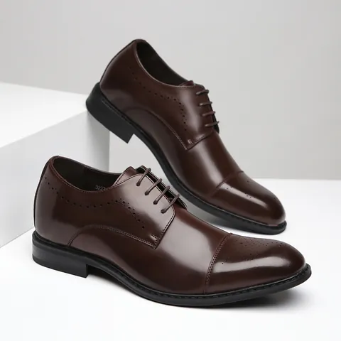 Men's Cowhide Brogue Oxford Shoes Formal Business Dress Shoes Height Increasing Square Toe Gentleman Style Professional
