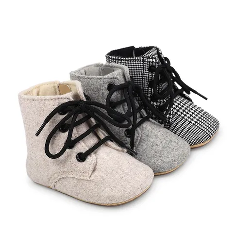 Houndstooth Canvas Baby Walking Shoes For Infants 0-1 Year Old Non-Slip Soft Sole Lace Up Toddler Shoes With Side Zipper