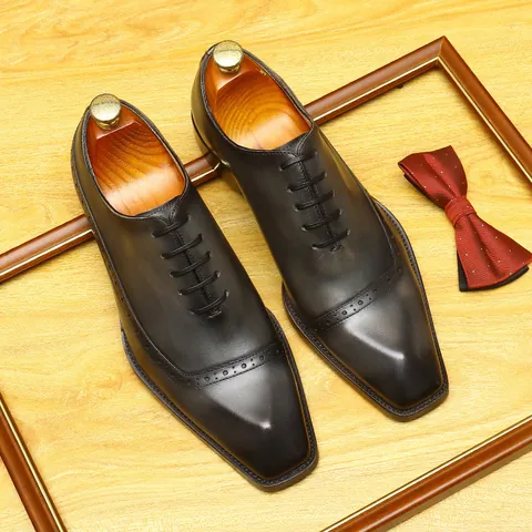 Men's Oxford Brogue Leather Shoes British Style Business Formal Handmade Burnished Wingtip Lace-Up Dress Shoes For Wedding