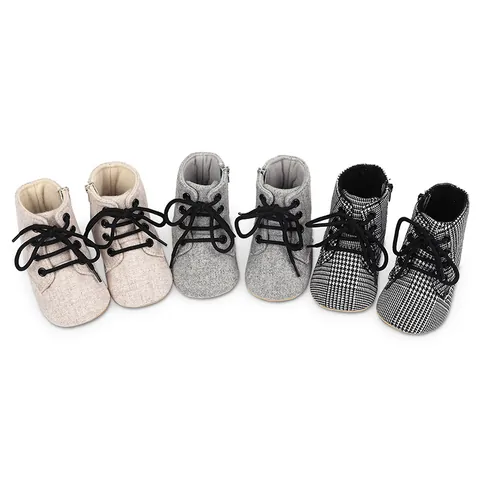 Houndstooth Canvas Baby Walking Shoes For Infants 0-1 Year Old Non-Slip Soft Sole Lace Up Toddler Shoes With Side Zipper