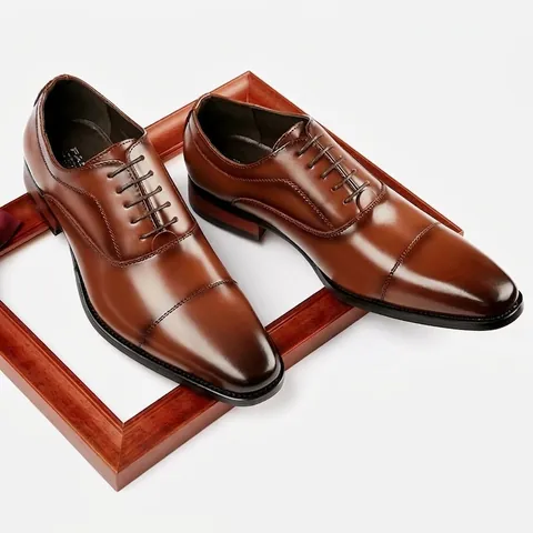 Men Real Leather Oxford Shoes Business Formal Cap Toe Dress Shoes Office Wedding Pointed Toe Wood Grain Heel Leather Shoes
