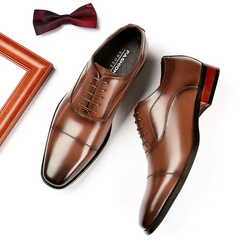 Men Real Leather Oxford Shoes Business Formal Cap Toe Dress Shoes Office Wedding Pointed Toe Wood Grain Heel Leather Shoes