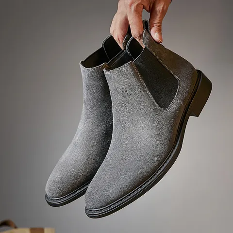 Men's Suede Leather Chelsea Boots British Style Slip-On Ankle Boots Non-Slip Rubber Sole Casual Pointed Toe Boots