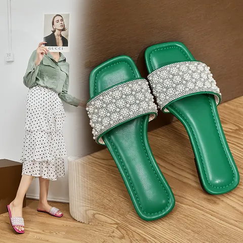 Women Square Toe Flat Slides Microfiber Rhinestone Artificial Pearl Sandals Comfortable Casual Beach Outdoor Slippers
