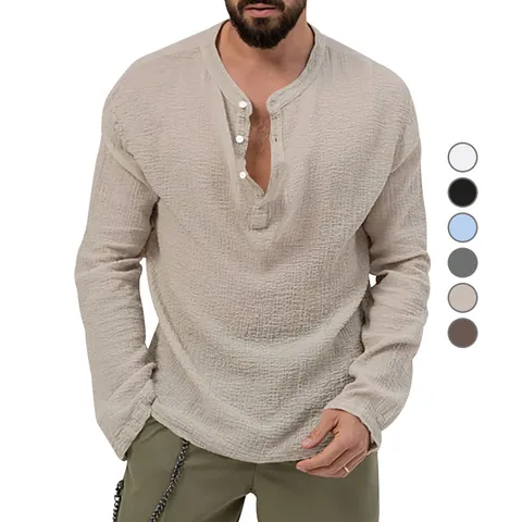 Men's Casual Seersucker Long Sleeve Shirt Henley Neck Loose Fit Breathable Solid Color Summer Casual Shirt Top