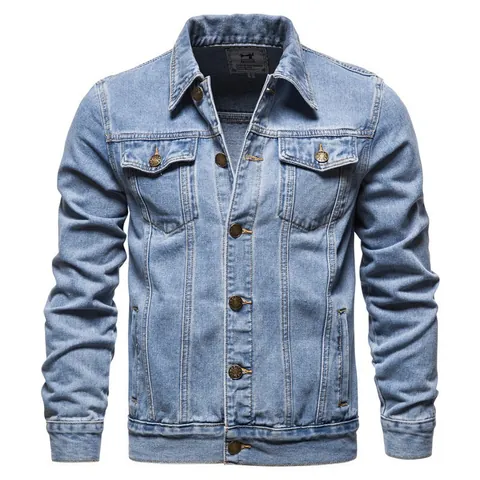 Men's Slim Fit Washed Denim Jacket Casual Polyester Outerwear With Lapel And Multi Pockets For Autumn Urban Fashion Style
