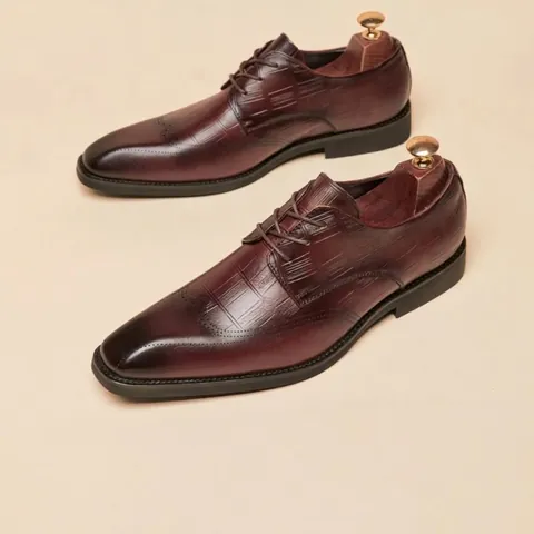 Men's First Layer Cowhide Brogue Derby Shoes British Business Formal Square Toe Carved Leather Dress Shoes Oxford Shoes
