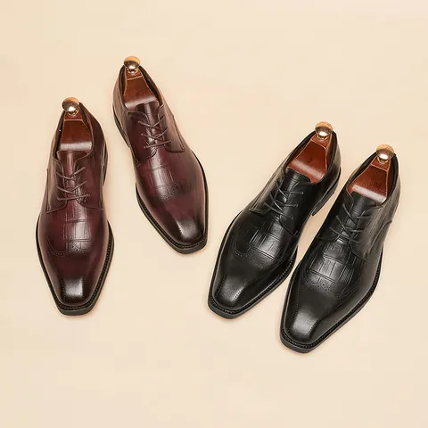 Men's First Layer Cowhide Brogue Derby Shoes British Business Formal Square Toe Carved Leather Dress Shoes Oxford Shoes