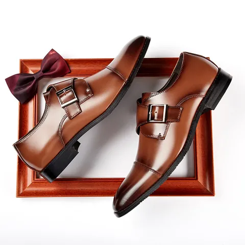 Men's Genuine Cowhide Leather Business Monk Strap Shoes Formal British Style Cap Toe Dress Shoes For Office Wedding Career