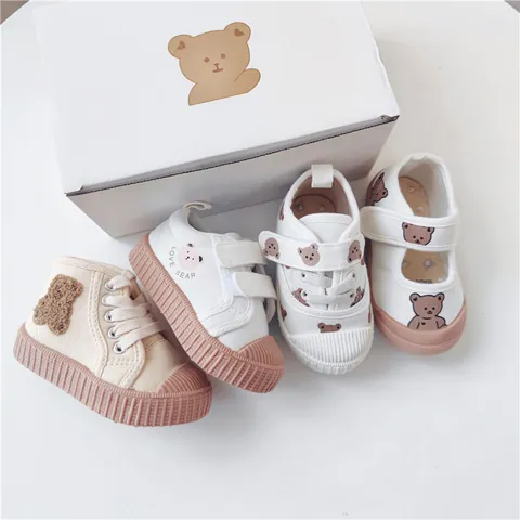 Koreanischer Stil Kinder Cartoon Bär Segeltuchschuhe Weiche Sohle Kleinkind Sneaker Rutschfeste Lauflernschuhe Für Jungen Mädchen Freizeitschuhe