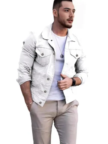 Men's Slim Fit Cotton Denim Style Jacket Solid Color Turn Down Collar Button Up Long Sleeve Multi Pocket Outerwear