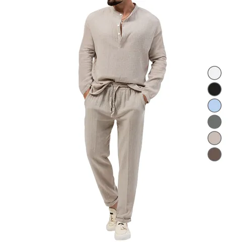 Heren Smart Casual Boven- En Onderkant Set Effen Kleur Henley Shirt Met Lange Mouwen En Broek Ademend Polyester Kreukelstof Vrijetijdspak