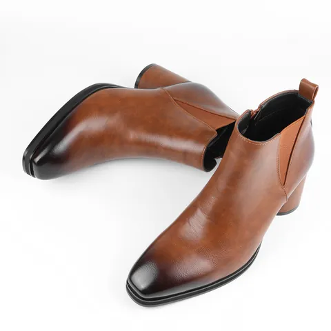 Men's Pointed Toe Chelsea Boots Fashion Business Middle Heel Heightening Cowboy Boots Side Zipper Burnished PU Leather Formal Ankle Boots