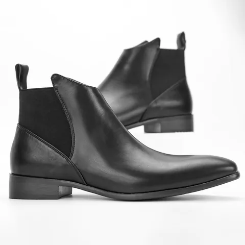 Men Classic Retro PU Leather Chelsea Boots Black Large Size British Style Slip On Ankle Boots With Elastic Side Panels
