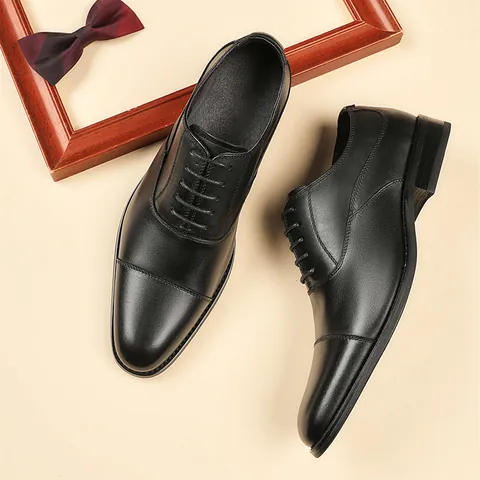Men British Style Top Layer Cowhide Cap Toe Oxford Shoes Business Formal Breathable Dress Shoes For Men Office Wedding