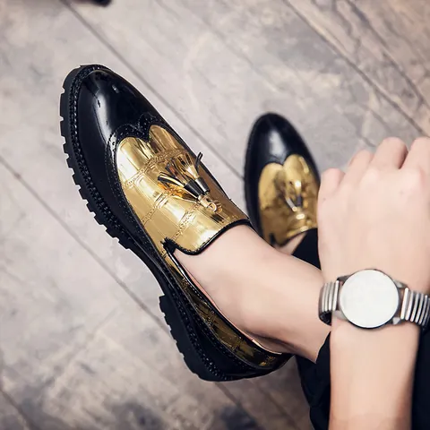 Mocassins à Glands Brogue pour Hommes Style Britannique Cuir Verni Artificiel Bout Pointu Chaussures de Ville Club