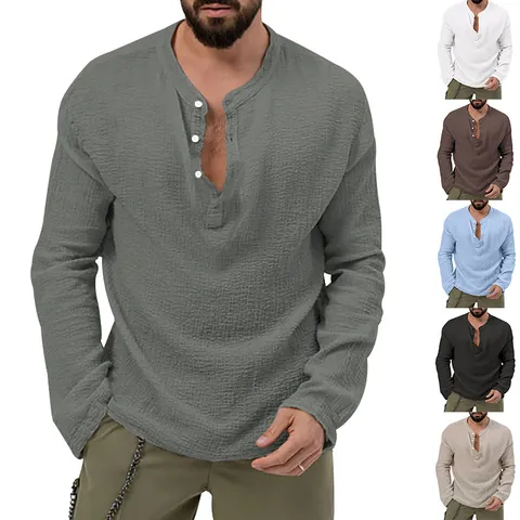 Men Casual Seersucker Henley T-Shirt Long Sleeve V-Neck Button Down Loose Fit Solid Color Polyester Top For Autumn Daily Wear