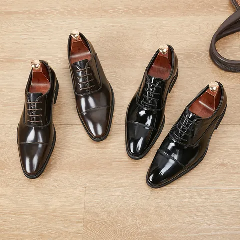 Men Business Formal Oxford Shoes Cap Toe Pointed Toe Patent Leather Dress Shoes Cowhide Leather Lace Up Soft Sole Office Wedding Shoes