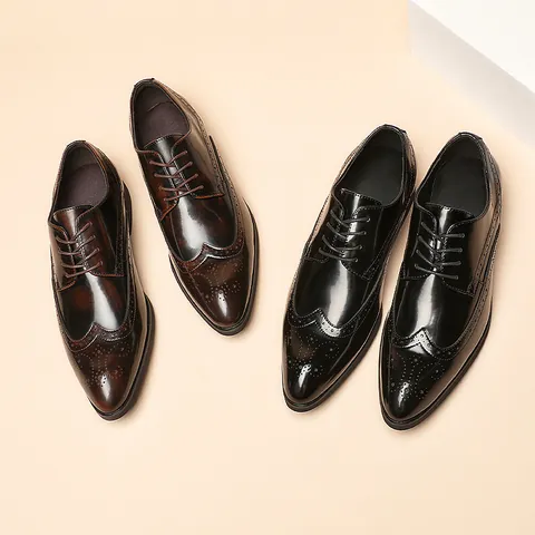 Men Business Formal Patent Leather Brogue Derby Shoes British Style Wingtip Carved Glossy Pointed Toe Formal Dress Shoes
