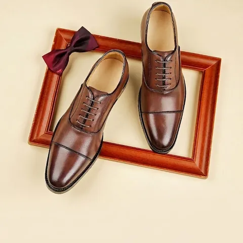 Men's First Layer Cowhide Cap-Toe Oxford Shoes British Style Breathable Business Formal Dress Shoes Genuine Leather Lace-Up Shoes