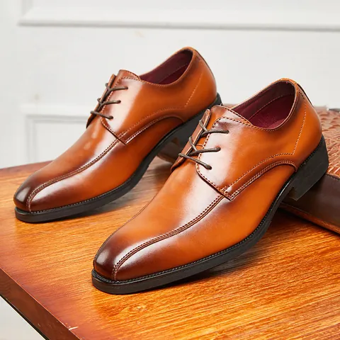 Men's British Style Business Formal Leather Derby Shoes Pointed Toe Lace-up Breathable Soft Sole Dress Shoes For Office Wedding Banquet