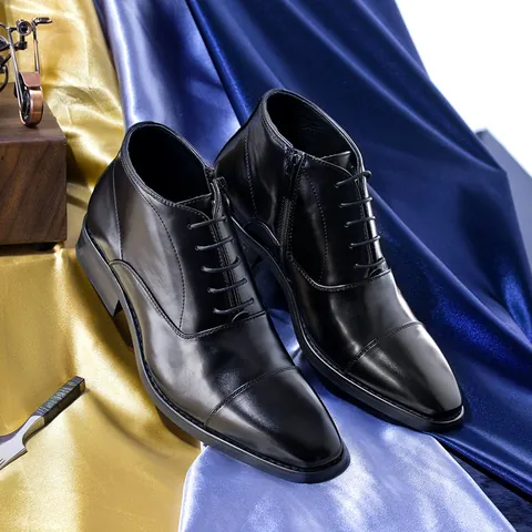 Men's Business Formal Leather Boots Side Zipper Lace-up Martin Boots Microfiber Leather Winter Fashion Shoes Black