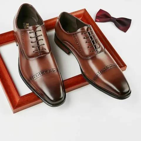 Men British Style Genuine Leather Brogue Business Dress Shoes Cap-Toe Lace-Up Oxford Shoes Formal Shoes For Banquet Office