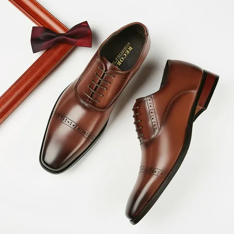 Men British Style Genuine Leather Brogue Business Dress Shoes Cap-Toe Lace-Up Oxford Shoes Formal Shoes For Banquet Office