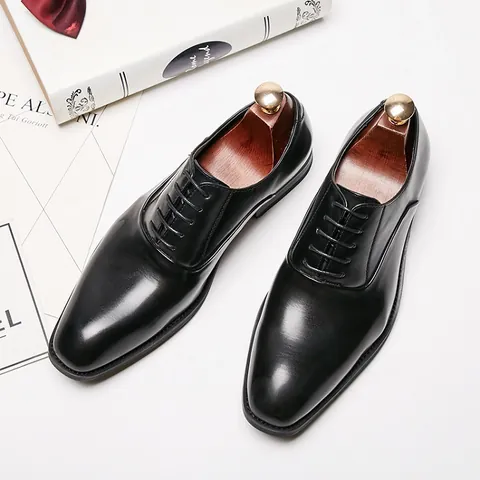 Men's British Style Business Leather Shoes Lace-up Oxford Dress Shoes For Office Wedding Formal Gentleman Wear-resistant Shoes