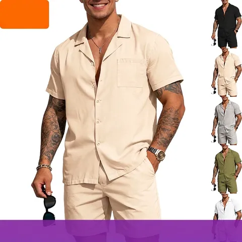 Men Summer Casual Top And Bottom Solid Color Lapel Short Sleeve Button Shirt And Drawstring Shorts Resort Beach Wear Outfits