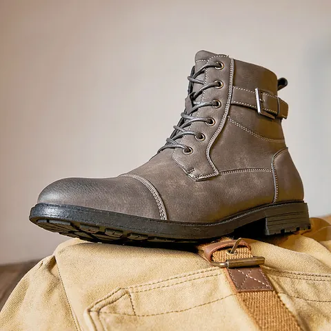 Men British Style Martin Boots Retro Work Boots Round Toe Side Zipper High Top Non-Slip Casual Leather Boots